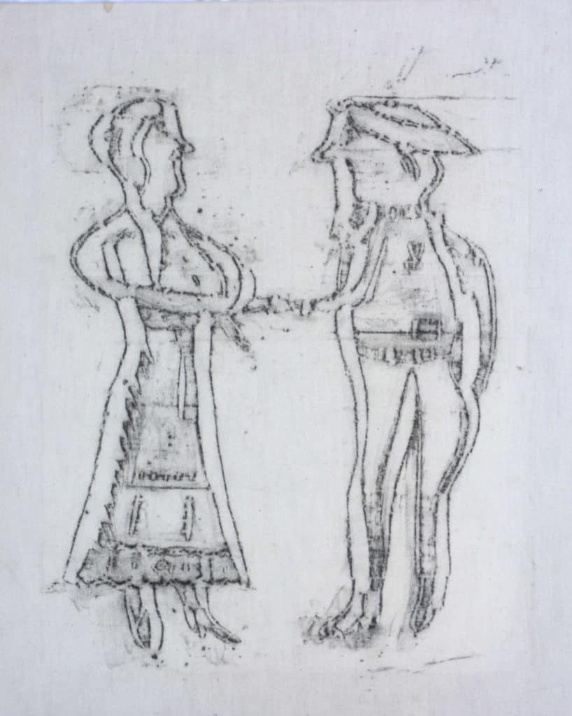 Country Couple, Jean and Phillip Earl, Wax-on-muslin rubbing, 1970s, Etienne Maizcorena (carver)
